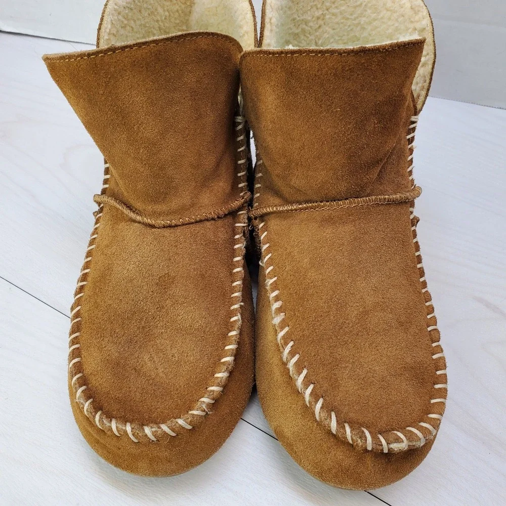 Tan Suede Moccasin Boots Faux Shearling Lined Whipstitch Ankle Wmn 8 Hippie Boho